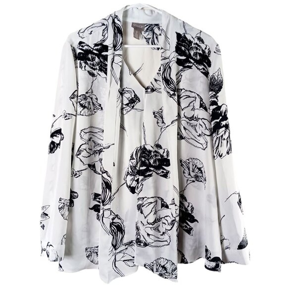 Chicos Layered Look Blouse Floral Monochrome Black White Size Large Long Sleeve - Picture 1 of 11